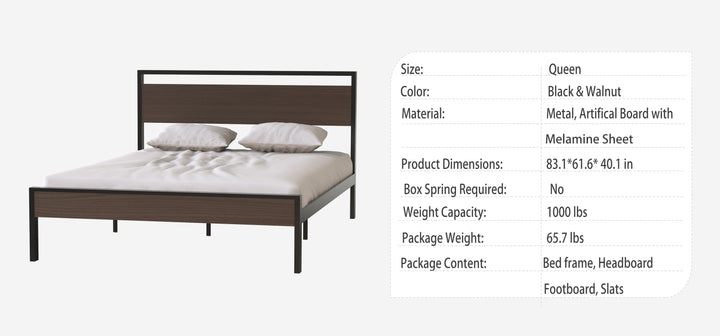 Metal Bed, Black with Walnut Wood Headboard&Footboard, Queen