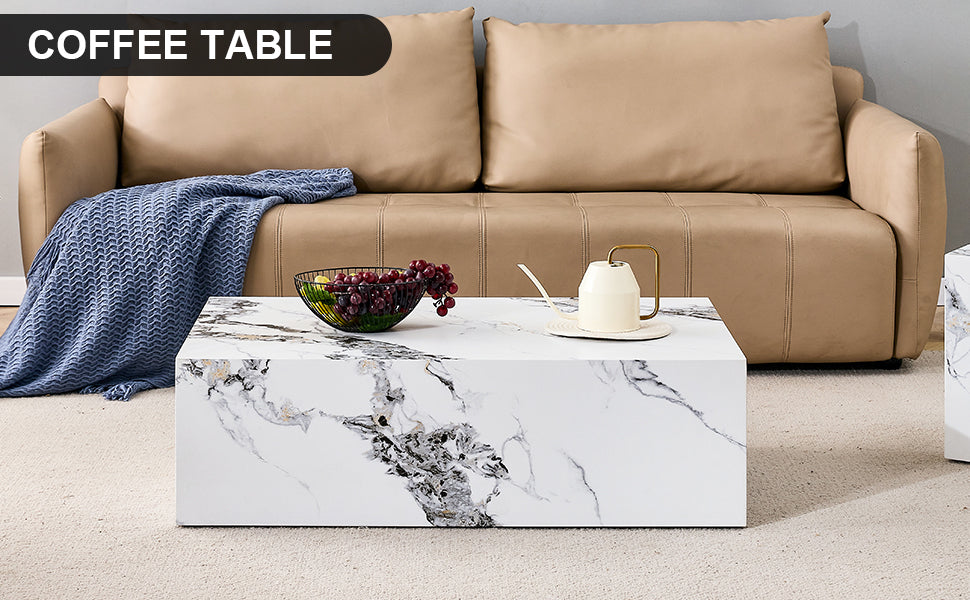 Modern MDF Coffee Table with Marble Pattern - 39.37x23.62x11.81 inches