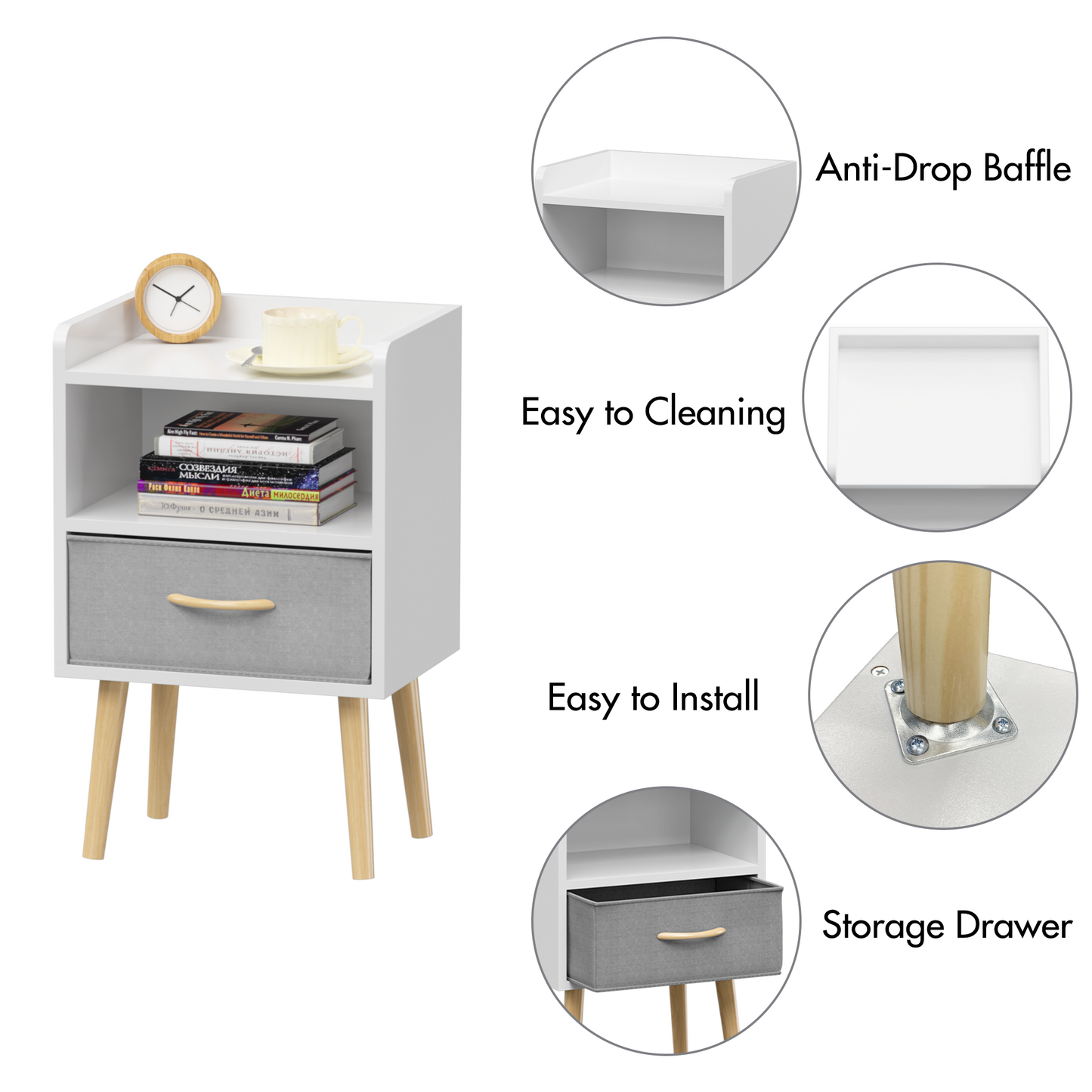 Nightstand With Collapsible Fabric Drawer, 2-Tier Storage End Table - White