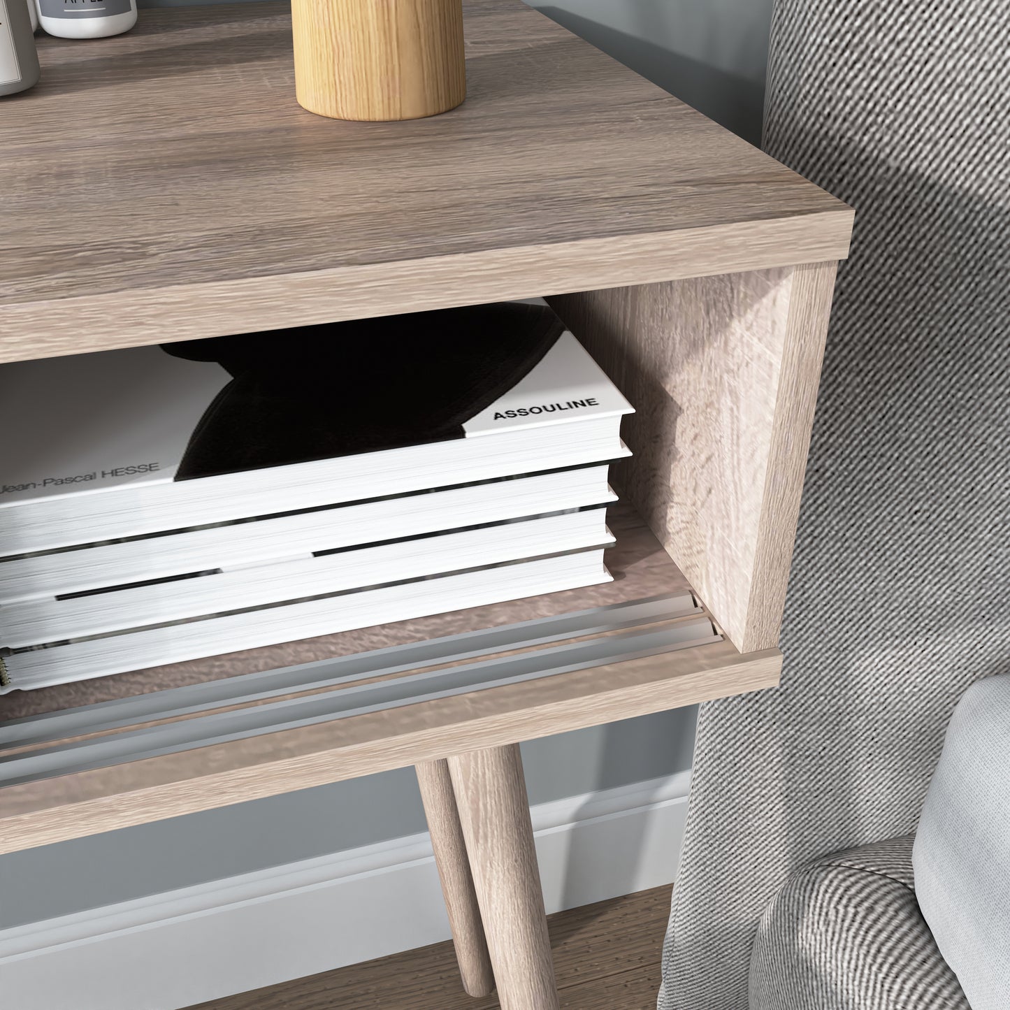 Table with 2 White Sliding Doors, Console Table with Storage Space and Wood Legs