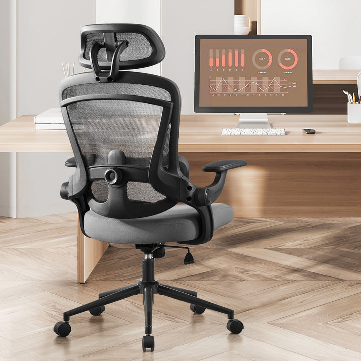 High Back Desk Chair with Adjustable Lumbar Support & Headrest, Adjustable Height and 120°Tilt,gray