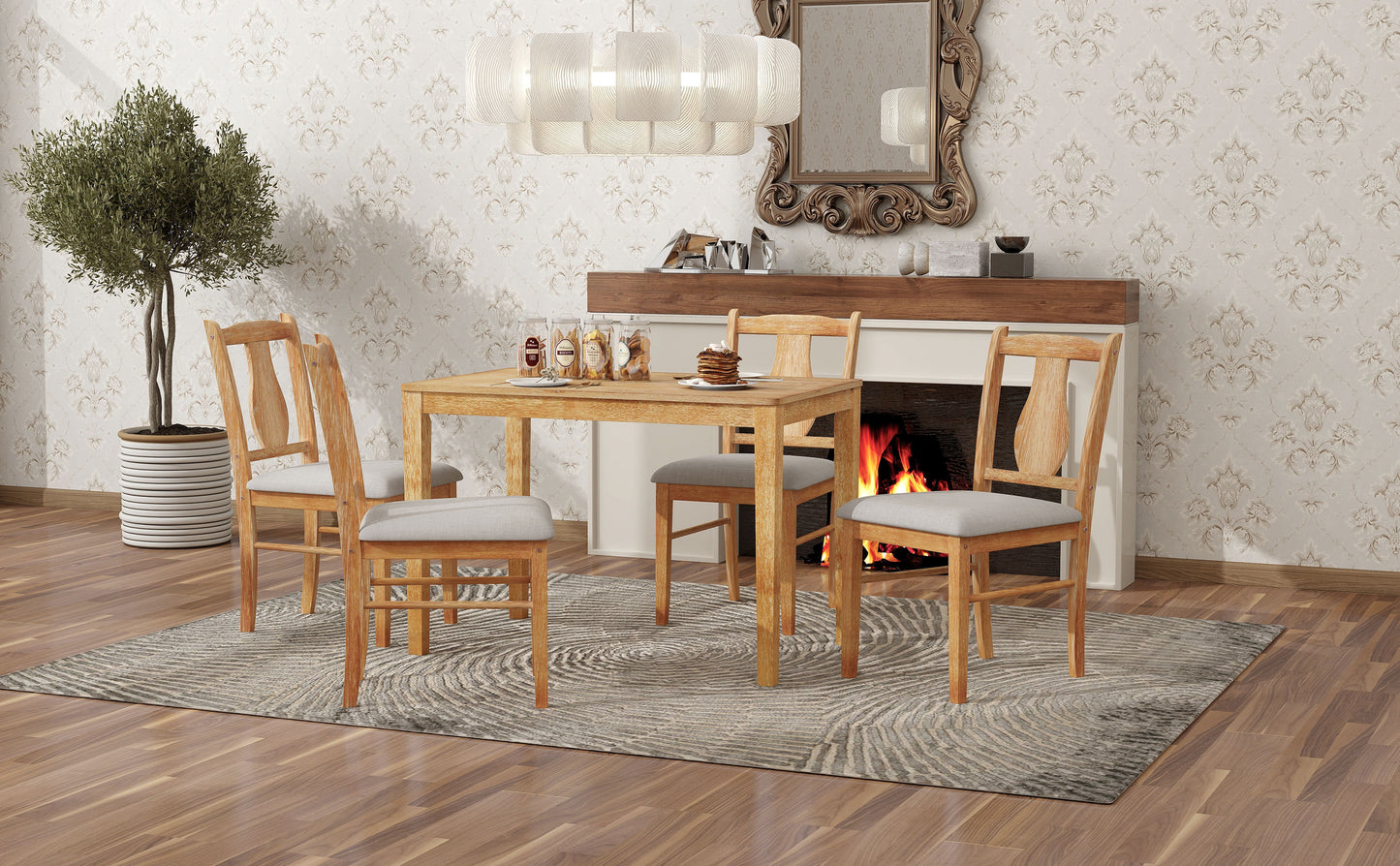 5-Piece Kitchen Dining Table Set, Wooden Rectangular Dining Table and 4 Upholstered Chairs for Kitchen and Dining Room (Drift Wood)