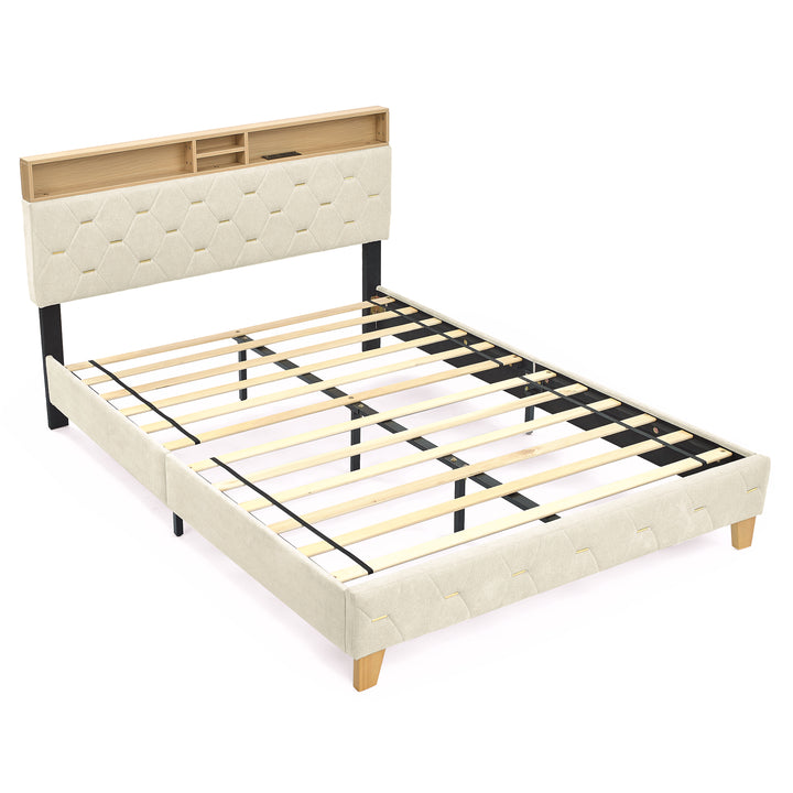 Queen Size Bed Frame, Shelf Upholstered Headboard, Platform Bed with Outlet & USB Ports Beige